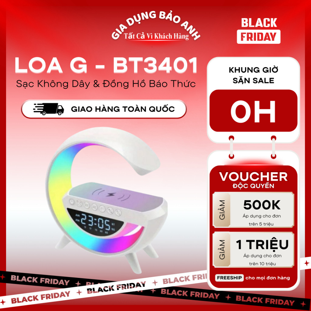 Loa Bluetooth BT3401 Chữ G Kiêm Sạc Không Dây Đồng Hồ Báo Thức Đèn Ngủ RGB Trang Trí decoer Phòng