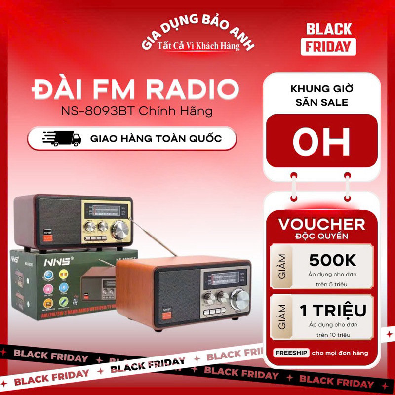 Đài FM Radio NS-8093BT, Bluetooth Bắt Sóng FM, AM,SW /USB/TF- Hàng Chính Hãng