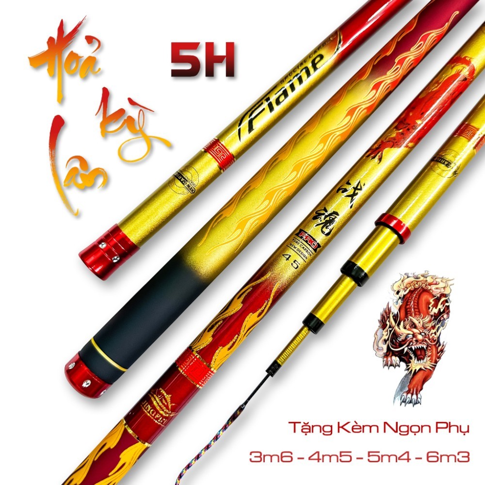 [Xả hàng] Cần câu tay Hỏa Kỳ Lân 5h-28i carbon cao cấp tặng kèm đọt phụ - Cần câu đơn - Cần câu đài 