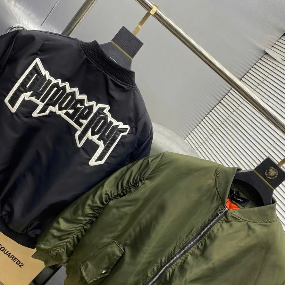 Áo khoác bomber gió nam nữ họa tiết đen thêu chữ da Purpose Tour lưng phối túi khoá tay trần bông 3 