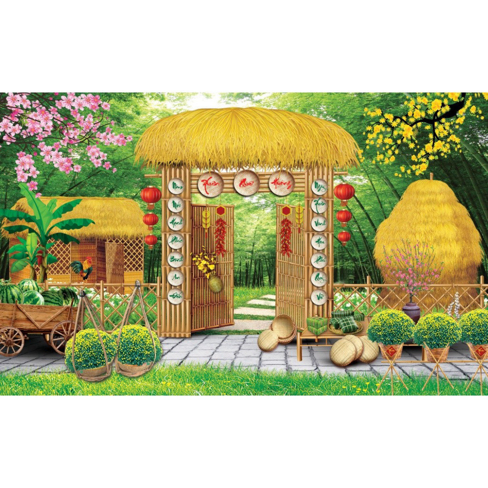 Tranh 3D dán tường trang trí tết khổ lớn, tranh quán ăn, tết cổ truyền... Chất VẢI liệu lụa 3D