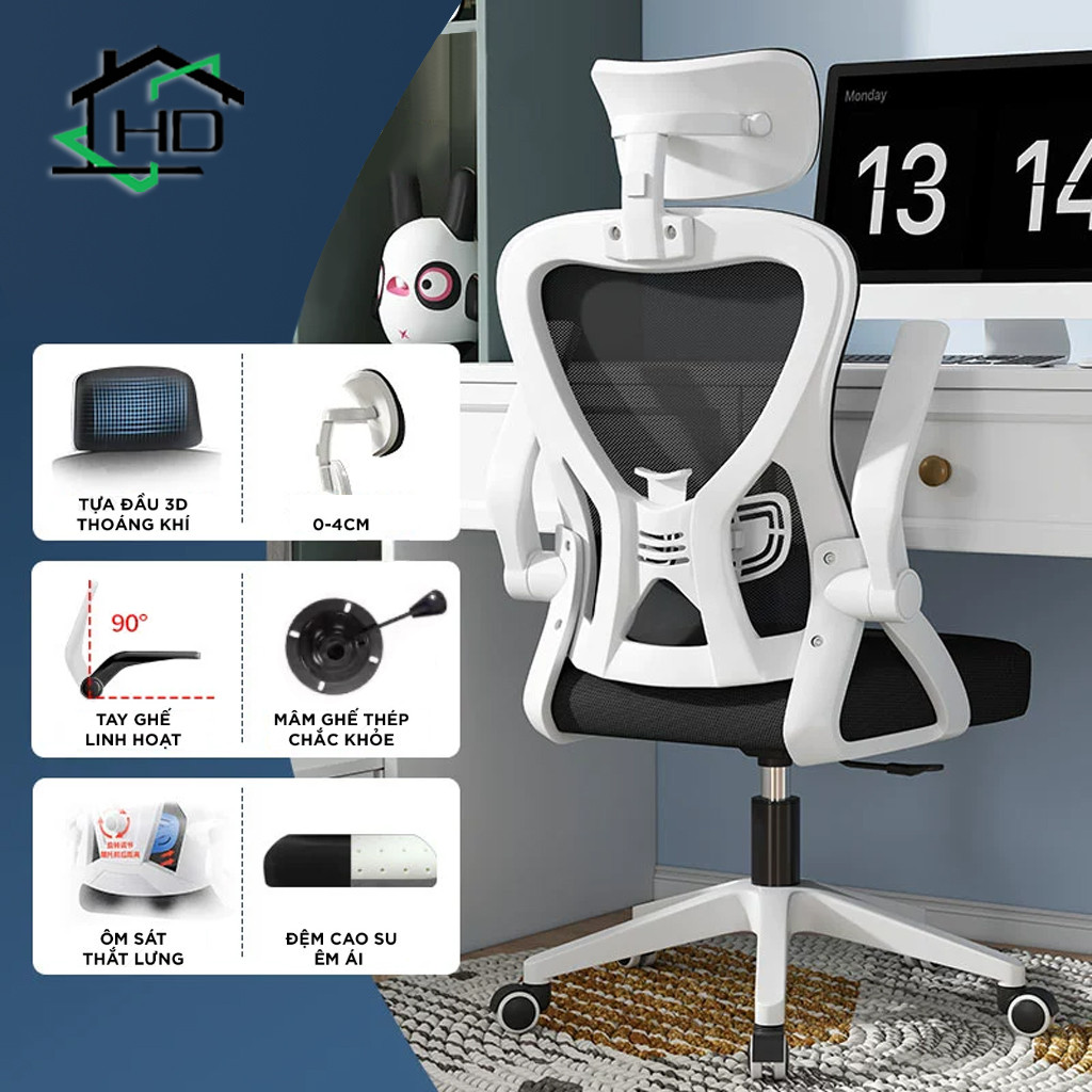 Lưng lưới 3D & tựa đầu, ôm lưng êm ái, tay vịn gập và xoay linh hoạt đỉnh cao. | BigBuy360 - bigbuy360.vn