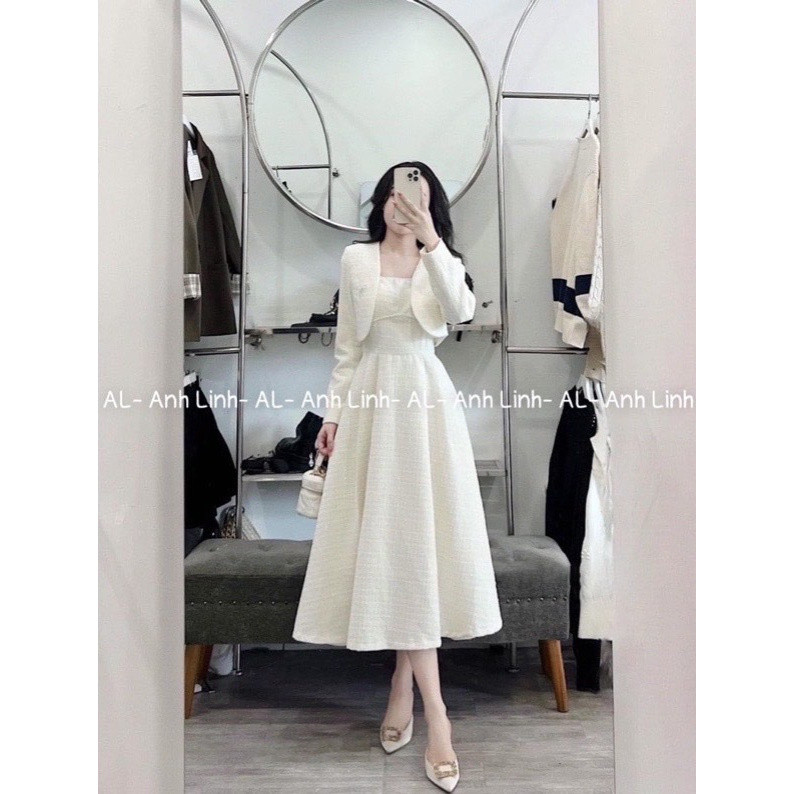 Sét dạ dáng dài tiểu thư sét dạ tết sét dạ tweed trắng đính ngọc vải dạ có đệm ngực chuẩn mẫu mặc HK
