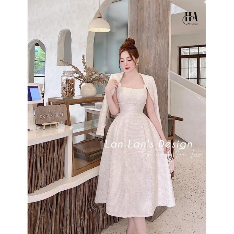 Sét dạ dáng dài tiểu thư sét dạ tết sét dạ tweed trắng đính ngọc vải dạ có đệm ngực chuẩn mẫu mặc HK