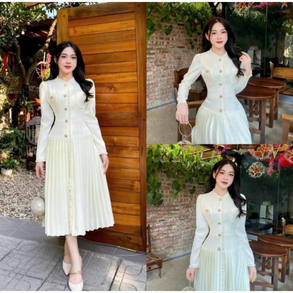 Váy mùa đông váy dạ ly váy trắng tiểu thư váy nữ dự tiệc cưới đi chơi siêu xinh