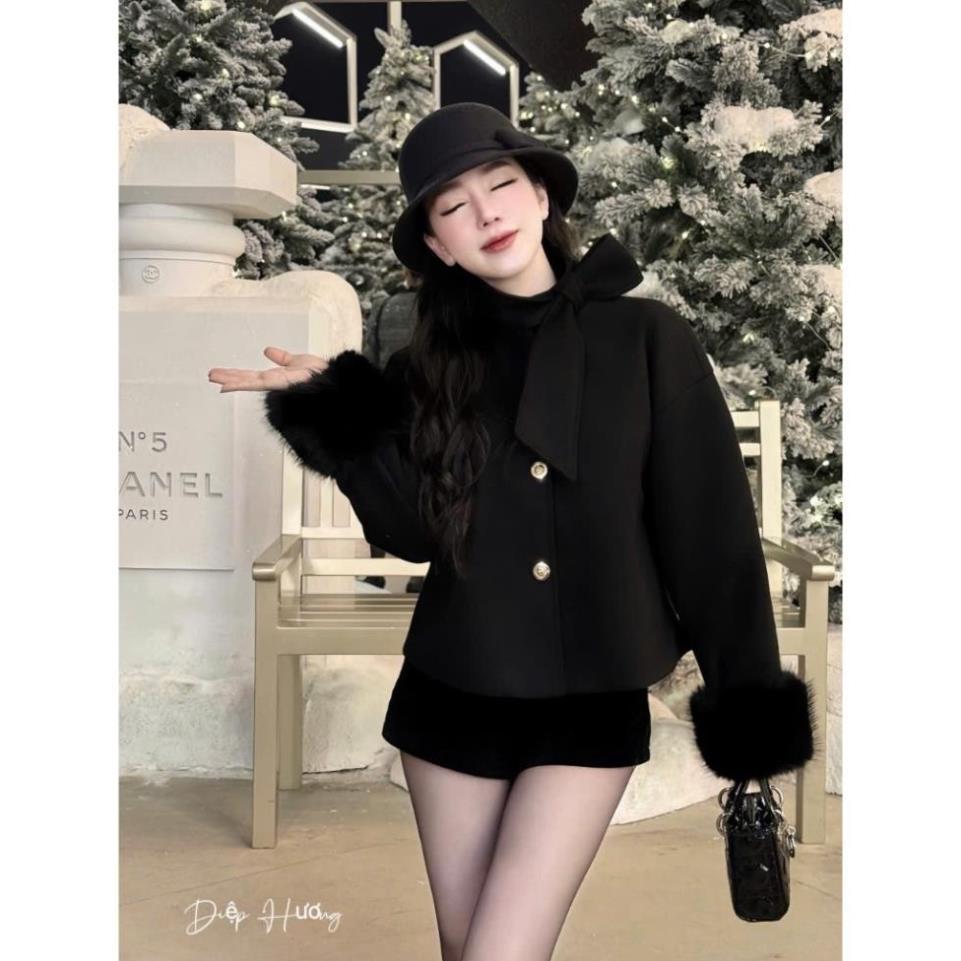 Áo dạ nữ áo khoác nữ áo dạ tweed nữ áo dạ cao cấp màu đen tay lông sang chảnh shop HK DESIGN