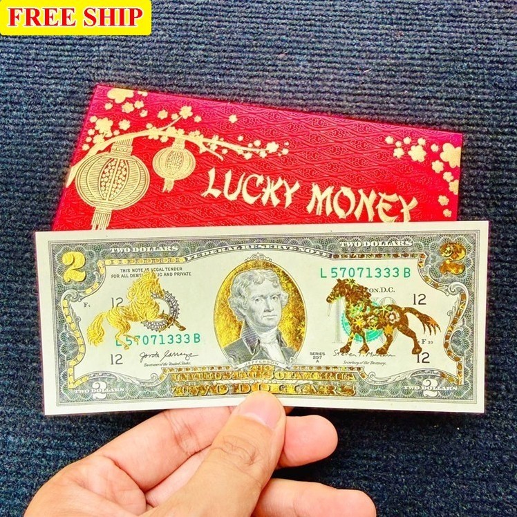 Tấm Tiền 2 USD Hình Con Ngựa Lì Xì Tết 2026 May Mắn,  Full Phụ Kiện Quà Tết 2026, May Mắn LGD