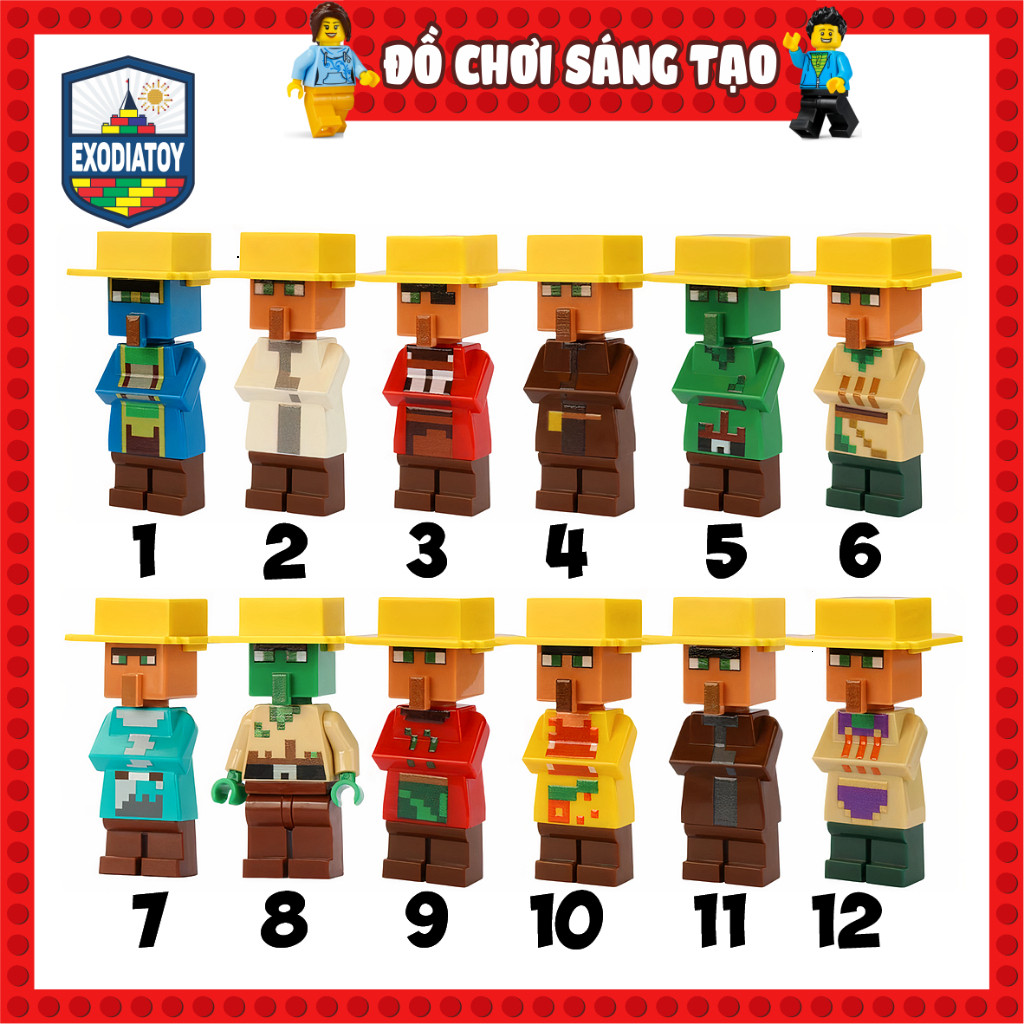 Mô hình Minifigure Minecraft Nhân vật Dân Làng và Nông Dân kèm Mũ Rơm - Đồ Chơi Sáng Tạo - MOC Minec