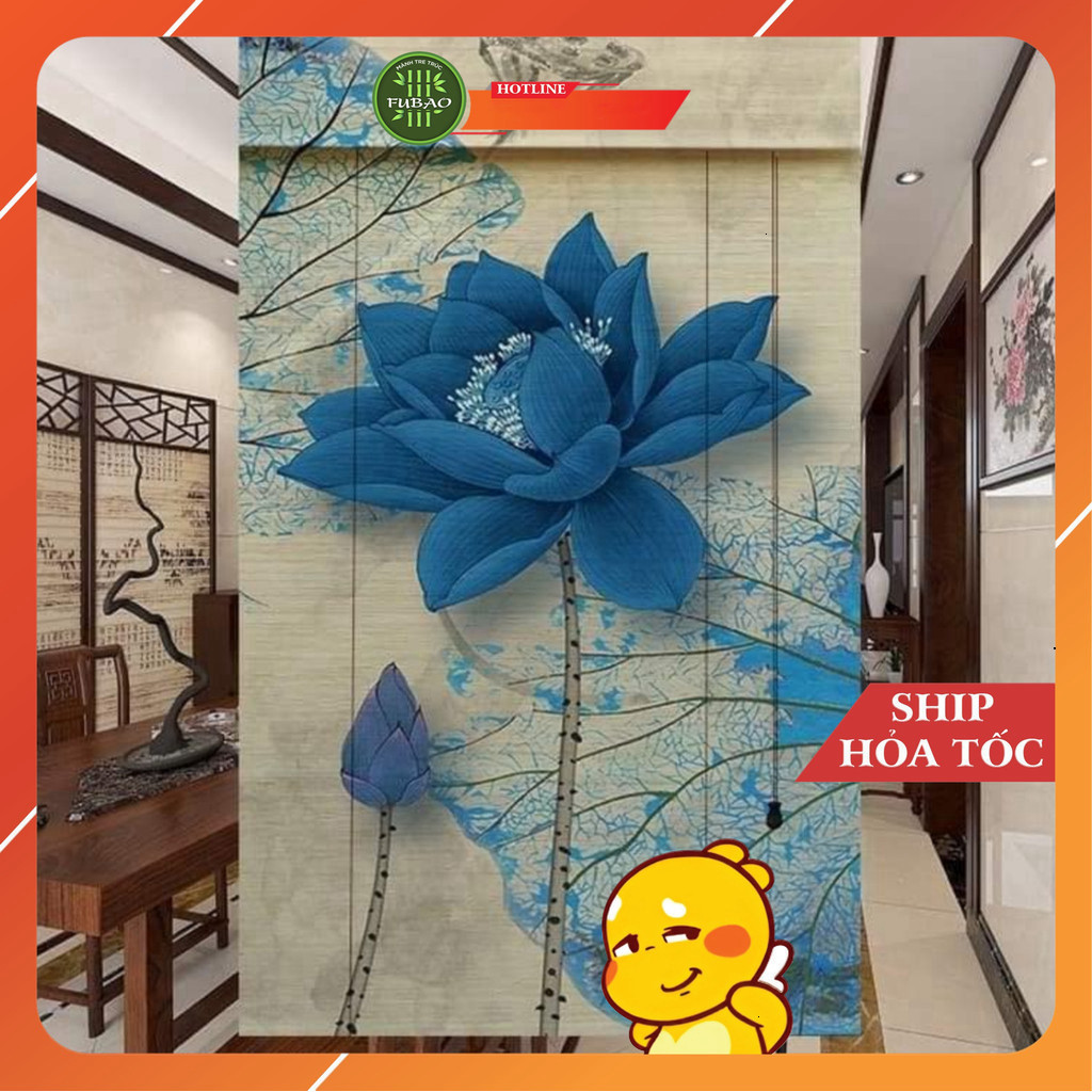 Mành tre trúc in tranh UV hình phong cảnh chim và hoa đào. Mành tre trúc trang trí decor cafe, spa.1