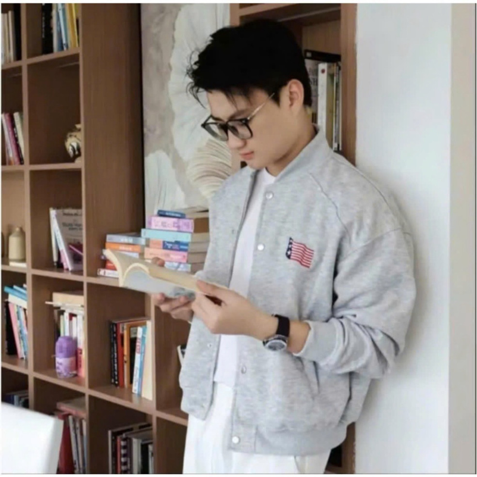 ALEXMAN Radiofonica Áo Bomber Nam Thêu Lá Cờ Mỹ Chất Liệu Nỉ Cotton Cúc Bấm Kim Loại Size S M L XL P