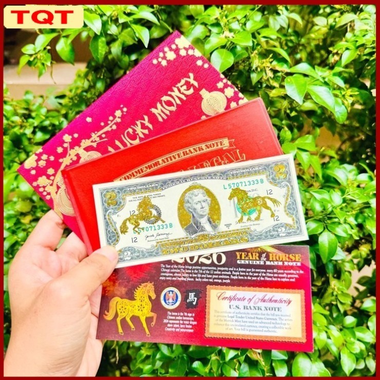 Tấm Tiền 2 USD Hình Con Ngựa Lì Xì Tết 2026 May Mắn,  Full Phụ Kiện Quà Tết 2026, May Mắn TQT
