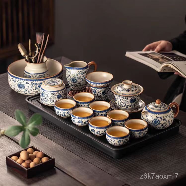 Bộ ấm chén trà Kung Fu gốm sứ cao cấp màu xanh trắng và vàng mới cho gia đình