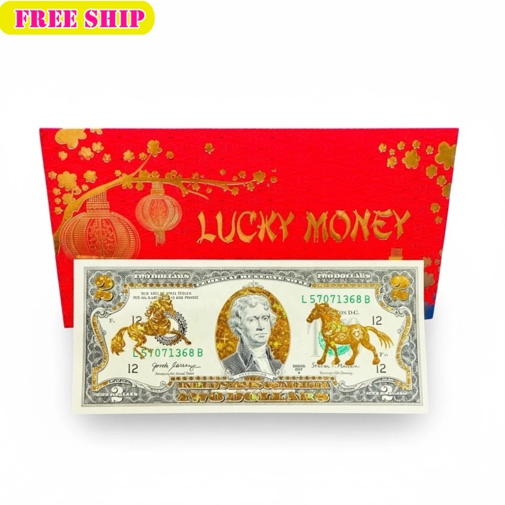 Tấm Tiền 2 USD Hình Con Ngựa Lì Xì Tết 2026 May Mắn,  Full Phụ Kiện Quà Tết 2026, May Mắn LXQT