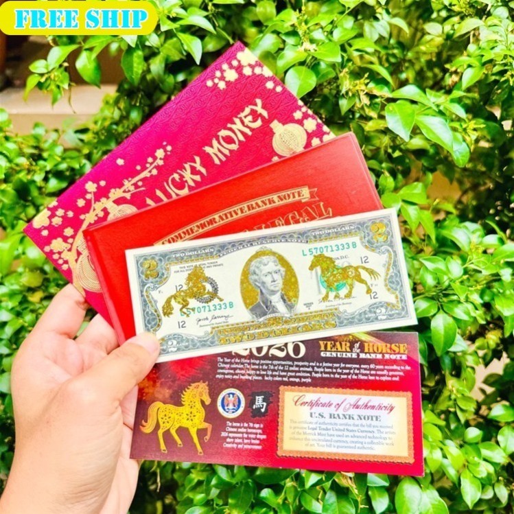 Tấm Tiền 2 USD Hình Con Ngựa Lì Xì Tết 2026 May Mắn,  Full Phụ Kiện Quà Tết 2026, May Mắn QTST