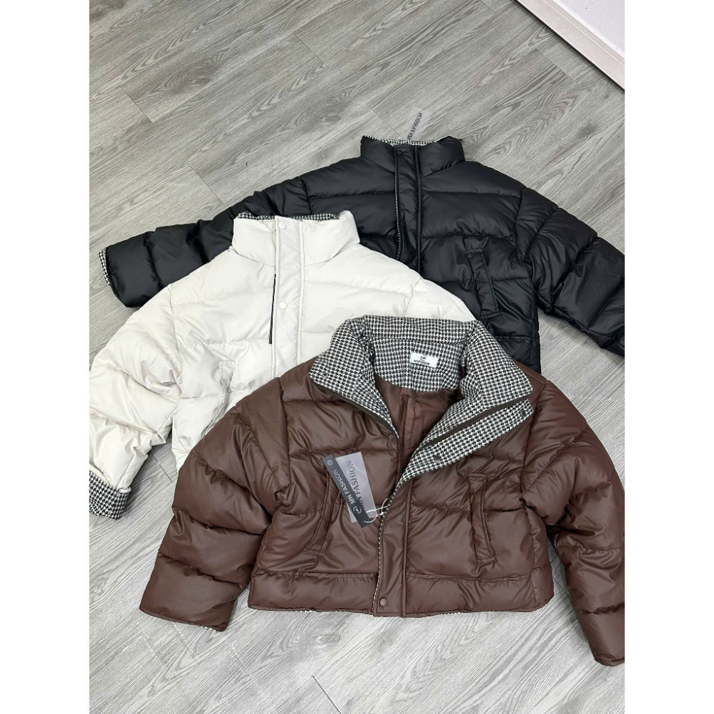 ÁO KHOÁC PHAO DA NỮ HỌA TIẾT PHỐI CARO TAY KẺ CHẤT PHAO 3 LỚP DÀY DẶN FORM BOXY | BigBuy360 - bigbuy360.vn