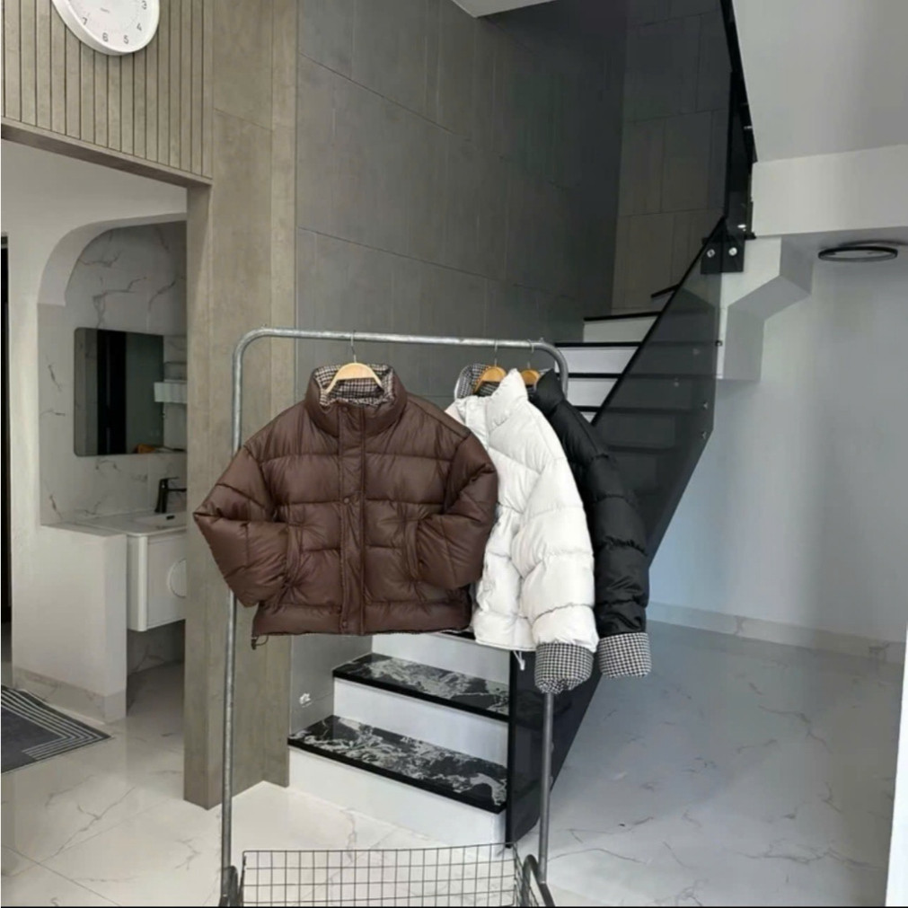 ÁO KHOÁC PHAO DA NỮ HỌA TIẾT PHỐI CARO TAY KẺ CHẤT PHAO 3 LỚP DÀY DẶN FORM BOXY | BigBuy360 - bigbuy360.vn