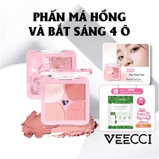 VEECCI Phấn Má Hồng Và Bắt Sáng 4 Ô Đa Năng – Kèm Cọ Má Hồng Tỏa Sáng Tự Nhiên, Giữ Màu Suốt 8H