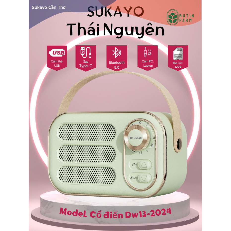 Loa bluetooth SUKAYO-DW13 Art Deco Vintage loa có quai xách, 5 màu Pastel