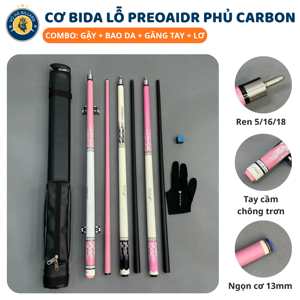 Cơ Bida Lỗ PREOAIDR Phủ Carbon Ren 5/16/18 Cao Cấp - Gậy Bia Lỗ Đầu Cơ 13mm [Combo Cơ+Bao+Găng+Lơ]
