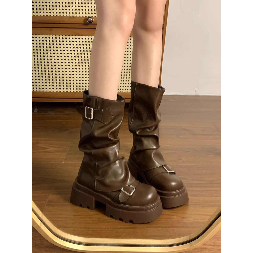 Boot nâu nữ Cổ Cao Bốt Cao Bồi Đế 6 cm Biker boots Mang Kiểu Chùng Phong Cách vintage Cực Xinh bik8