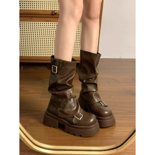  Boot nâu nữ Cổ Cao Bốt Cao Bồi Đế 6 cm Biker boots Mang Kiểu Chùng Phong Cách vintage Cực Xinh bik8 