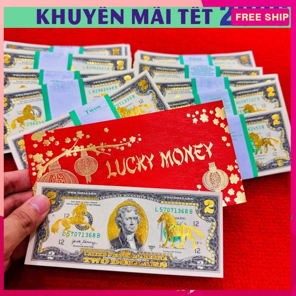 Tấm Tiền 2 USD Hình Con Ngựa Lì Xì Tết 2026 May Mắn,  Full Phụ Kiện Quà Tết 2026, May Mắn PTS