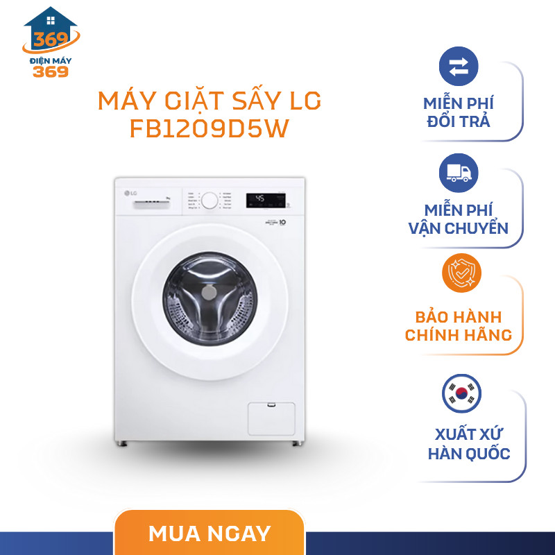 Máy Giặt Sấy LG Inverter FB1209S6W1 – Giặt 9kg, Sấy 5kg, Công Nghệ Steam & Direct Drive - SMC