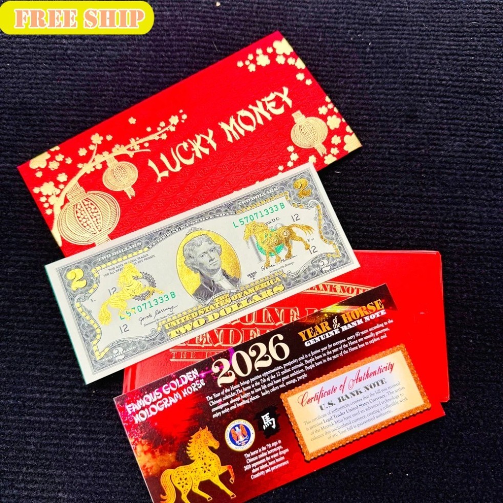 Tấm Tiền 2 USD Hình Con Ngựa Lì Xì Tết 2026 May Mắn,  Full Phụ Kiện Quà Tết 2026, May Mắn KBNLTT