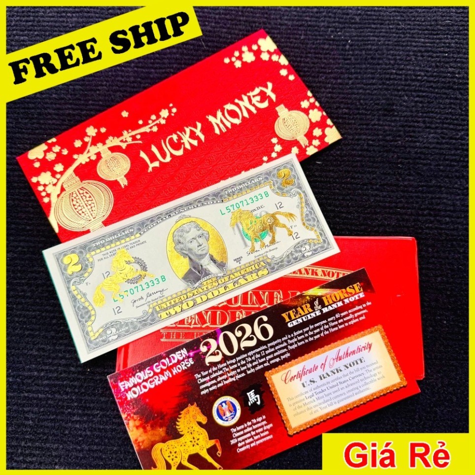 Tấm Tiền 2 USD Hình Con Ngựa Lì Xì Tết 2026 May Mắn,  Full Phụ Kiện Quà Tết 2026, May Mắn MDM