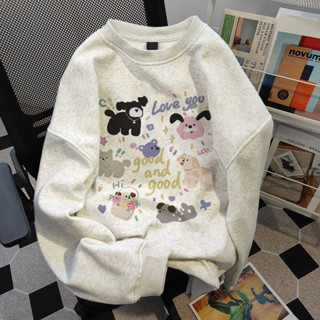  áo sweater nỉ cổ tròn Xám oversize Hình in phổ biến và thời trang CLOT áo khoác nỉ cổ tròn 