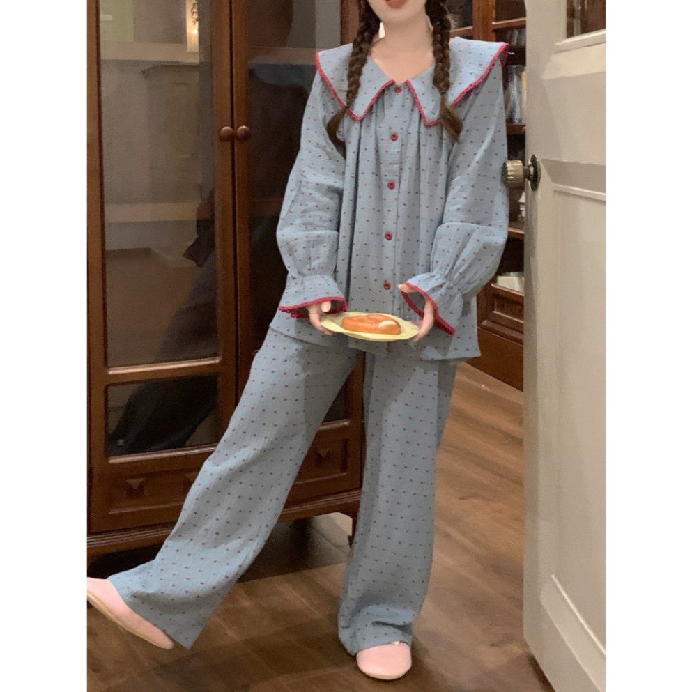 Bộ đồ pijama đồ ngủ nhà nữ cotton chấm bi tay bồng cổ thủy thủ bigsize, mềm mại thoáng mát dành cho 