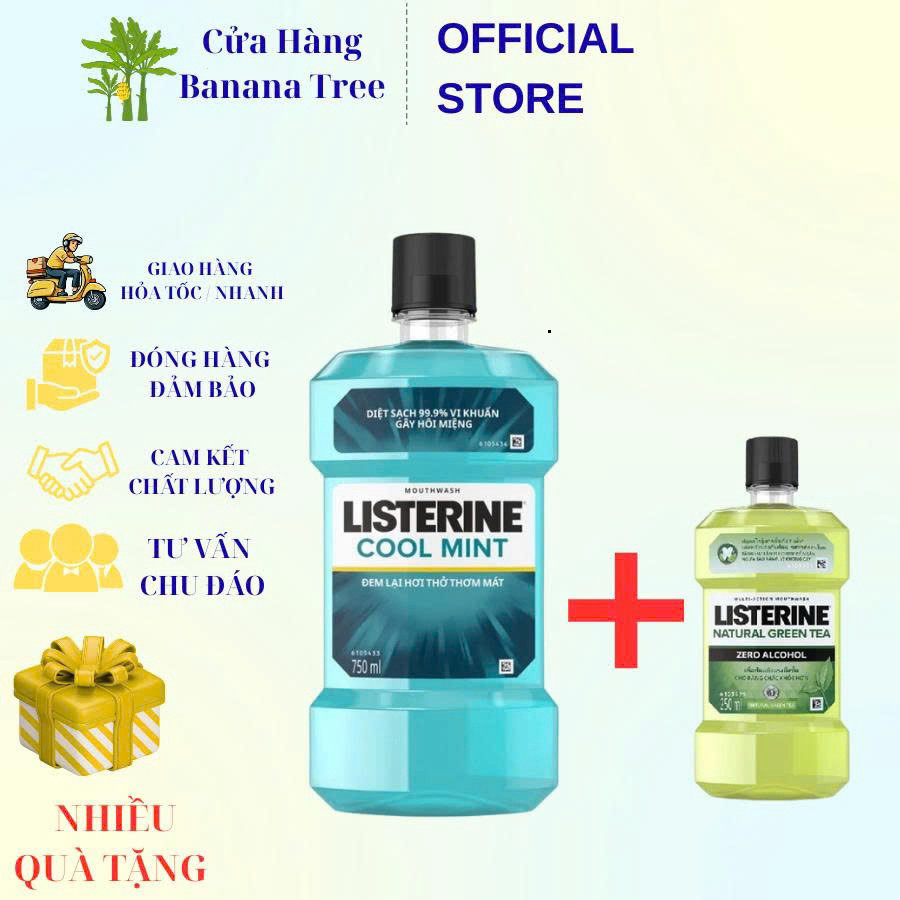 Combo Nước súc miệng hơi thở thơm mát Listerine Cool Mint 750+250ml nước súc miệng Listerine Green T