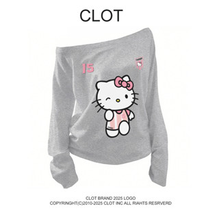  áo thun nữ tay dài CLOT - áo trễ vai form rộng áo thun In Hình Hello Kitty 