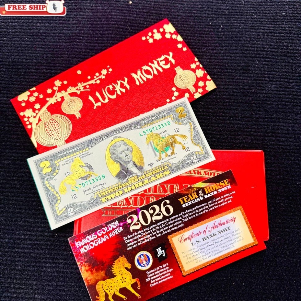 Tấm Tiền 2 USD Hình Con Ngựa Lì Xì Tết 2026 May Mắn,  Full Phụ Kiện Quà Tết 2026, May Mắn MDTC