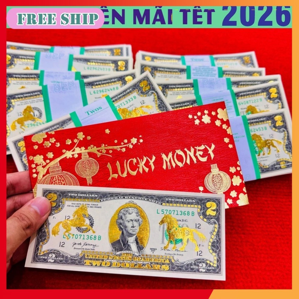 Tấm Tiền 2 USD Hình Con Ngựa Lì Xì Tết 2026 May Mắn,  Full Phụ Kiện Quà Tết 2026, May Mắn XAD