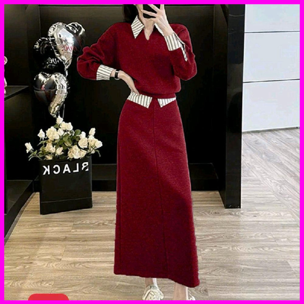 Bộ trang phục áo sơ mi kết hợp chân váy dài chất liệu nỉ tăm đẹp mắt cho mùa thu đông H2. -RUBY SHOP