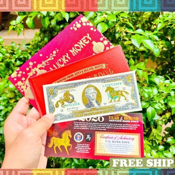 Tấm Tiền 2 USD Hình Con Ngựa Lì Xì Tết 2026 May Mắn,  Full Phụ Kiện Quà Tết 2026, May Mắn BS