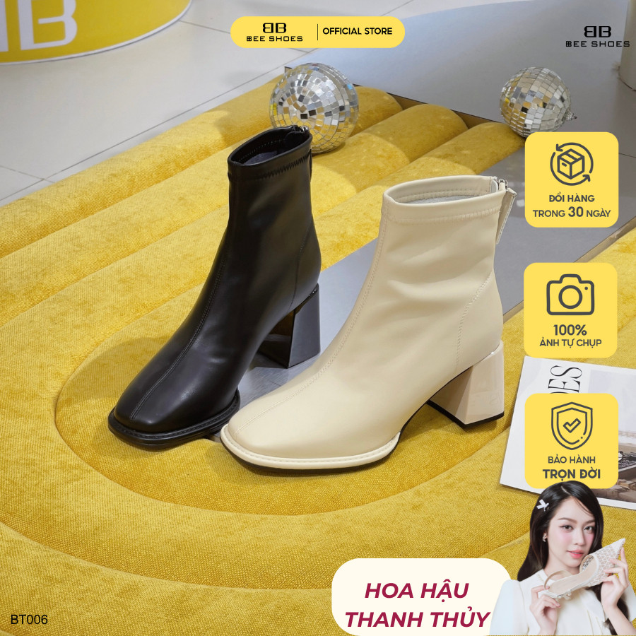 Boot nữ BEESHOES da lì, bốt cổ thấp mũi tròn gót vuông cao 6 phân sẵn màu kem - đen - nâu BT006 (For