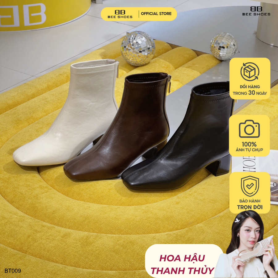 Boot nữ BEESHOES da lì, bốt nữ cổ thấp mũi vuông đế vuông cao 5 phân sẵn màu kem - đen - nâu BT009 (