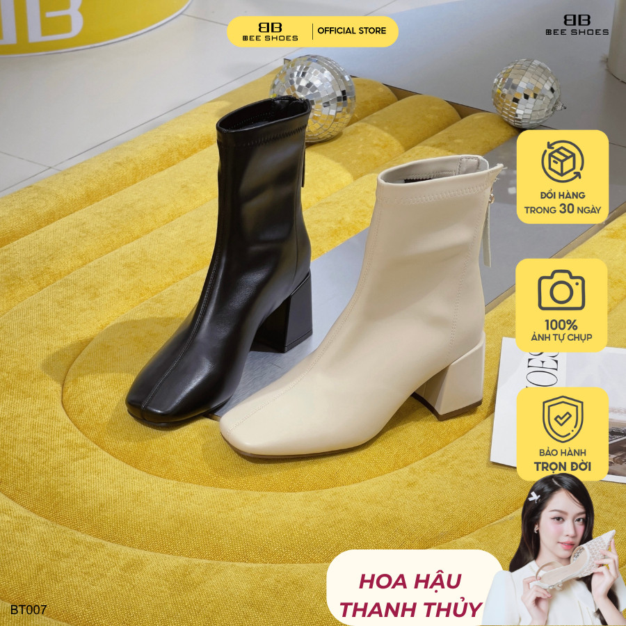 Boot nữ BEESHOES cổ thấp mũi tròn đế vuông cao 6 phân sẵn màu đen - kem BT007 (Form 1.5)