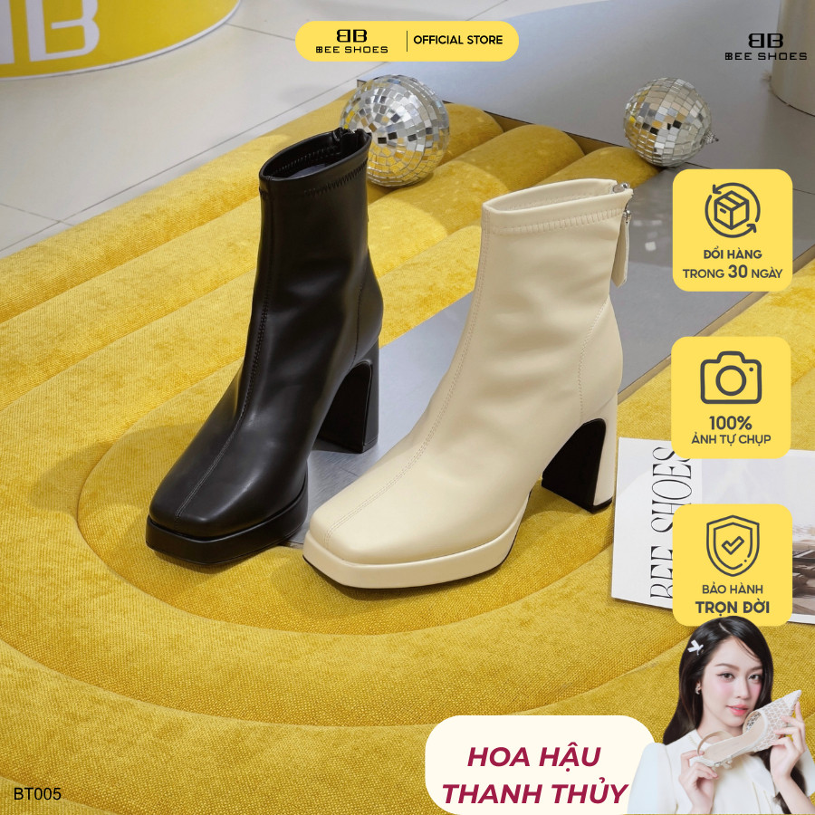 Boot nữ BEESHOES da lì, bốt cổ thấp mũi vuông đế vuông cao 8 phân sẵn màu kem - đen BT005 (Form 1.5)