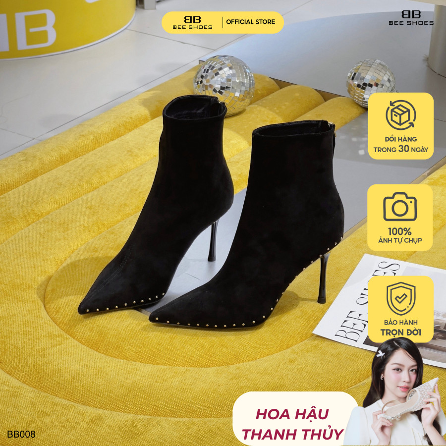 Boot nữ BEESHOES da lộn, bốt cao gót mũi nhọn gót nhọn cao 8 phân sẵn màu đen BT008 (Form 1.5)