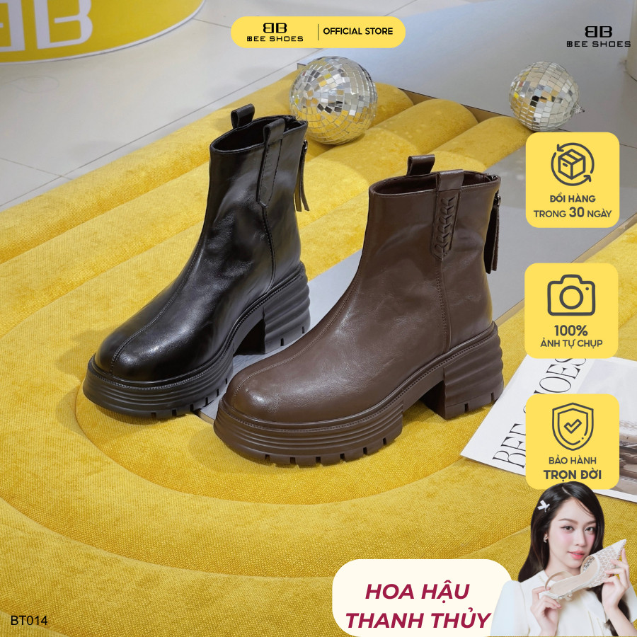Boot nữ BEESHOES cổ thấp mũi tròn đế vuông cao 6 phân sẵn màu nâu - đen BT014 (Form 1.5)