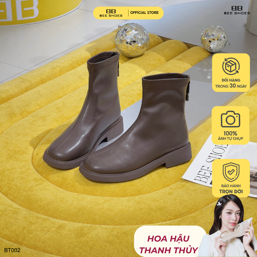 Boot nữ BEESHOES cổ thấp mũi tròn đế vuông cao 4 phân sẵn màu kem - nâu - đen BT002 (Form 1.5)