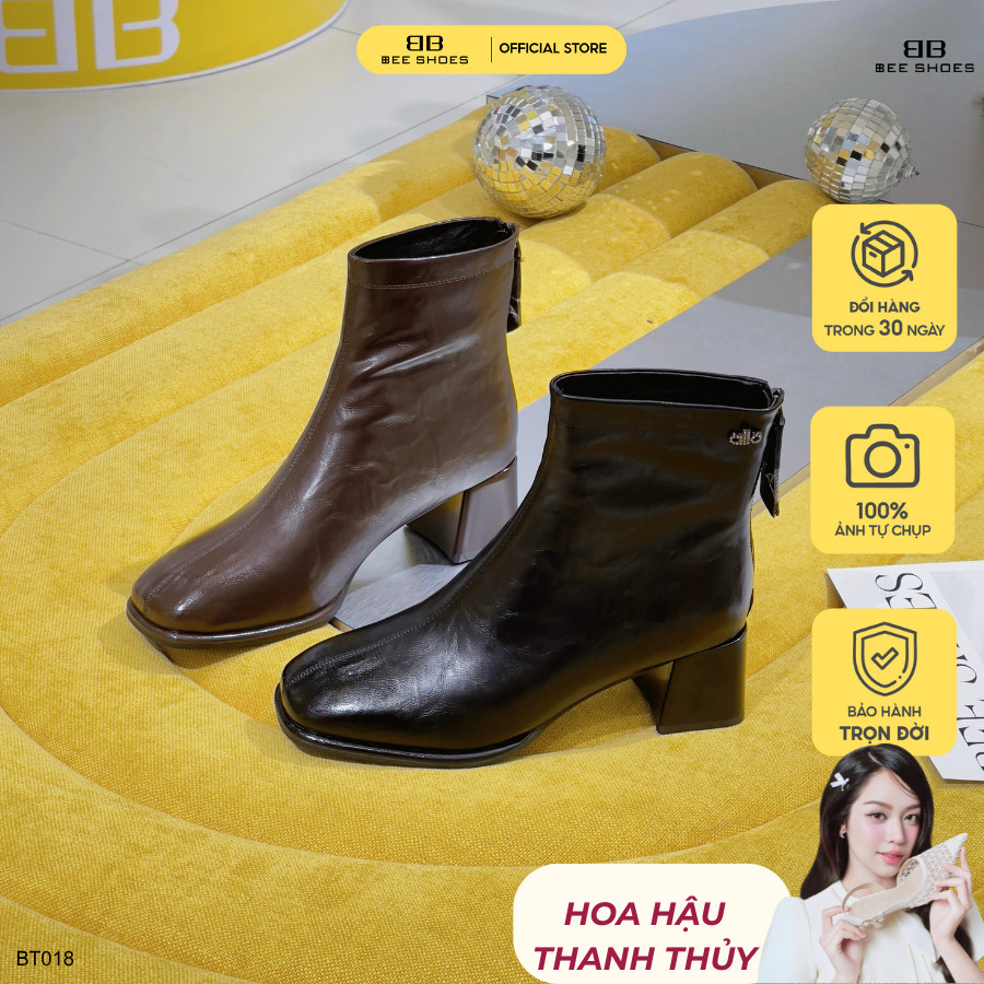 Boot nữ cổ thấp BEESHOES mũi vuông đế vuông cao 5 phân sẵn màu nâu - đen BT018 (Form 1.5)