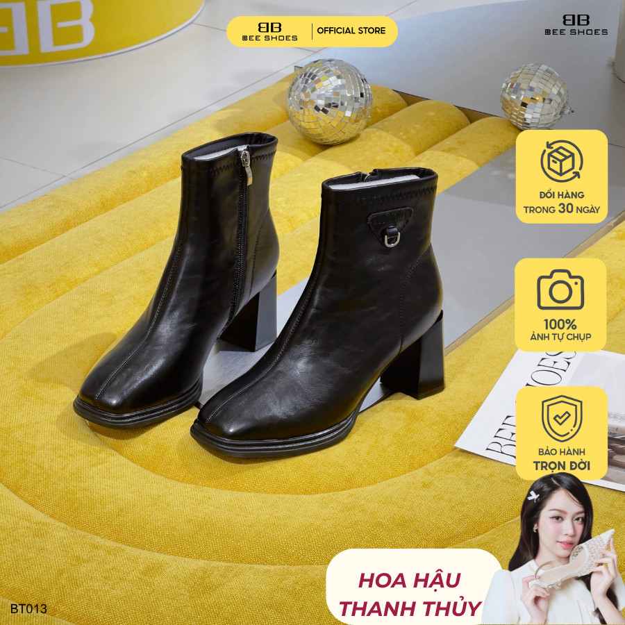 Boot nữ BEESHOES cổ thấp mũi vuông đế vuông cao 7 phân sẵn màu đen BT013 (Form 1.5)