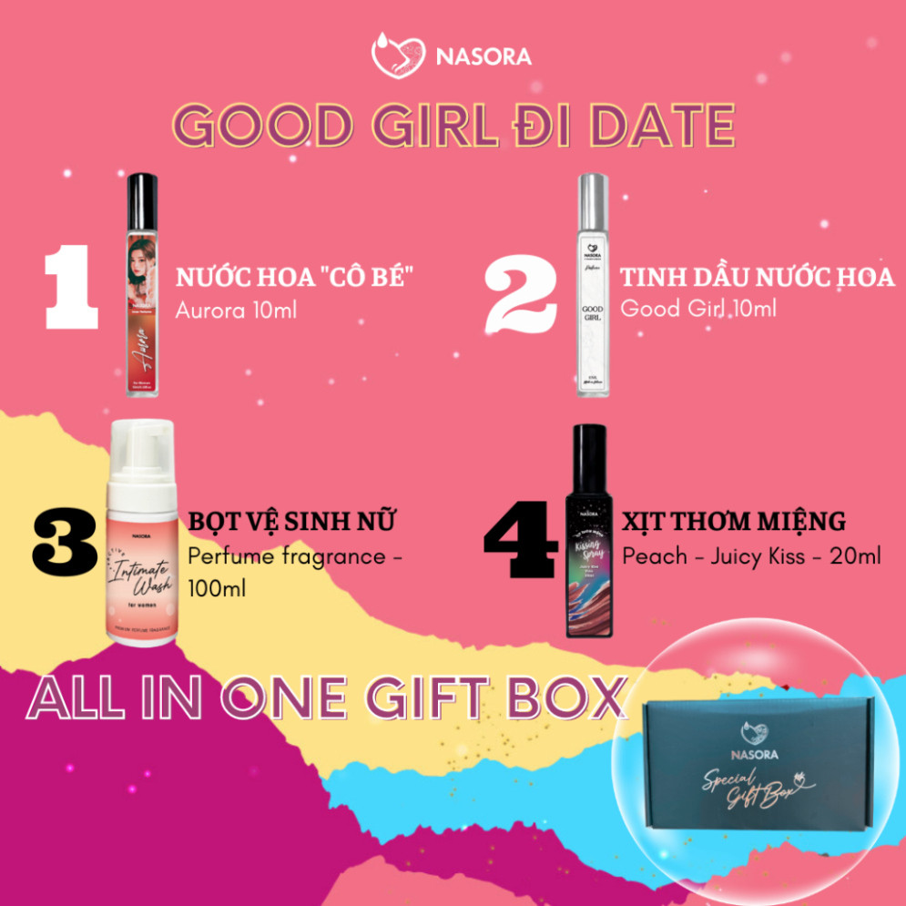 I [COMB O GOOD GIRL ĐI DATE] B ộ Sản Phẩm Nasora 4 IN 1 Gồm Kissing Spray, B ọt Vệ Sinh Nữ, Nước Hoa