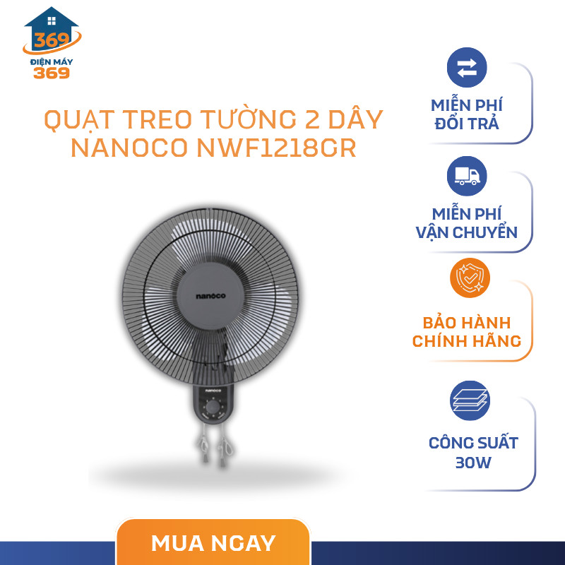 Quạt Treo Tường 2 Dây Nanoco NWF1218GR – 30W, 3 Chế Độ Gió, Làm Dịu Không Khí Nhanh Chóng – SMC