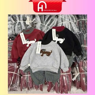  Set áo nỉ bông hình cún xám đen đỏ kèm quần len sọc mềm bo gấu co giãn cho bé - HNOrderChina 