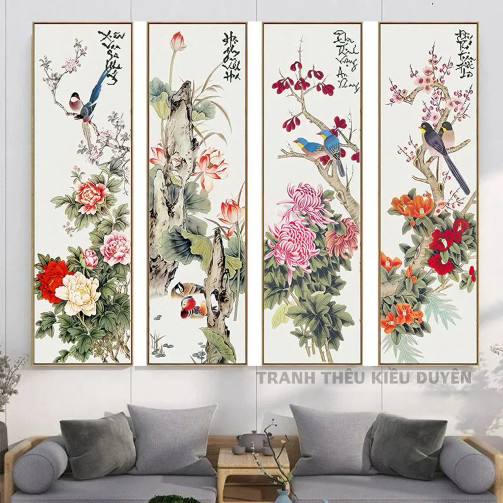 tranh thêu tứ quý VS8218 (140x100cm), 1 bộ 4 bức rời, thêu kín tranh